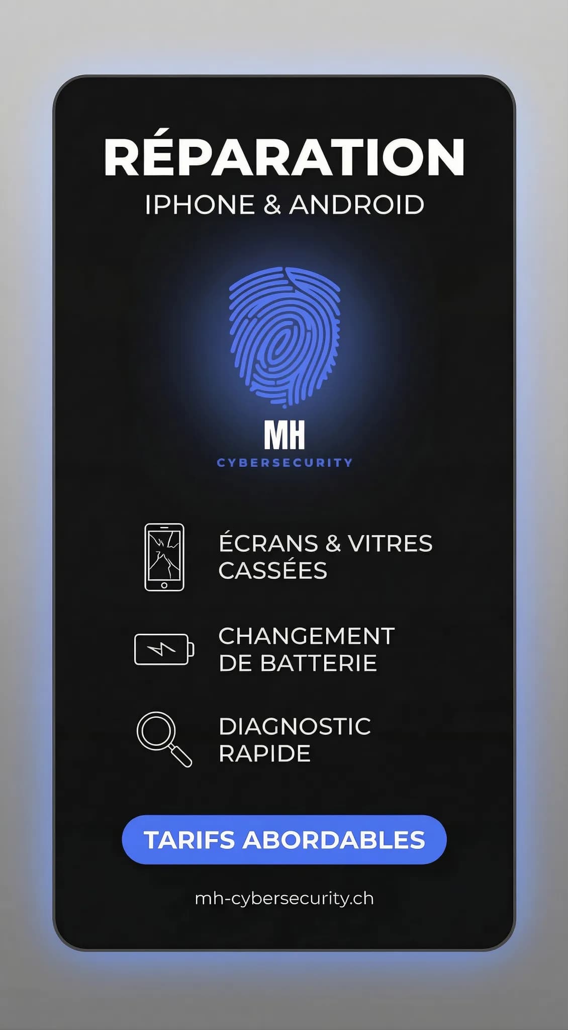 Affiche MH-Cybersecurity : réparation iPhone et Android, écrans et vitres cassées, batterie, diagnostic rapide